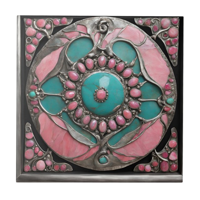 Abstrakte rosa und türkisfarbene Mosaikkunst Fliese (Vorderseite)