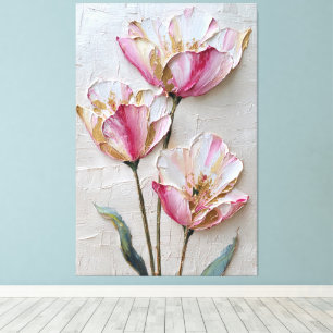 Abstrakte rosa und weiße Blumen mit goldener Textu Leinwanddruck