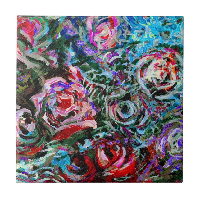 Abstrakte Rose in Rot und Blau Fliese (Vorderseite)