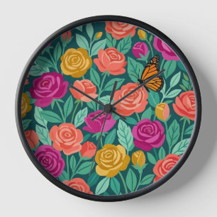 Abstrakte Rosen-Garten-Monarchfalter-Kunstuhr Uhr