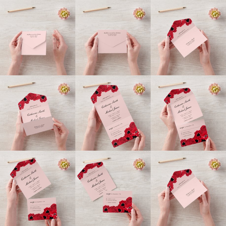 Abstrakte Rosen und Klatschmohne All In One Einladung