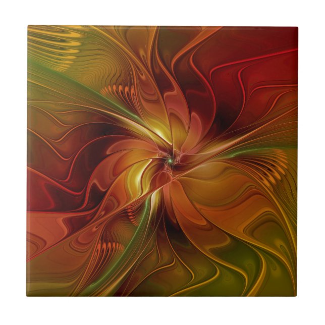 Abstrakte Rote Orange Braun Grünes Fraktal Kunst B Fliese (Vorderseite)