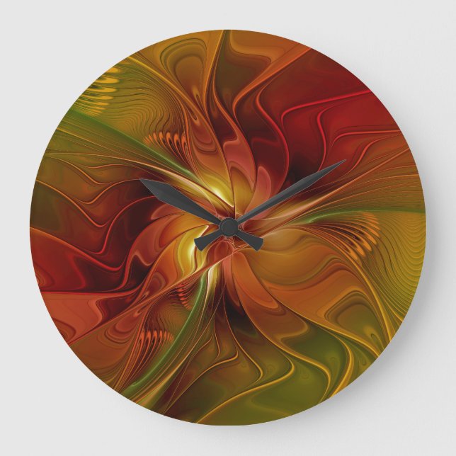 Abstrakte Rote Orange Braun Grünes Fraktal Kunst B Große Wanduhr (Vorderseite)