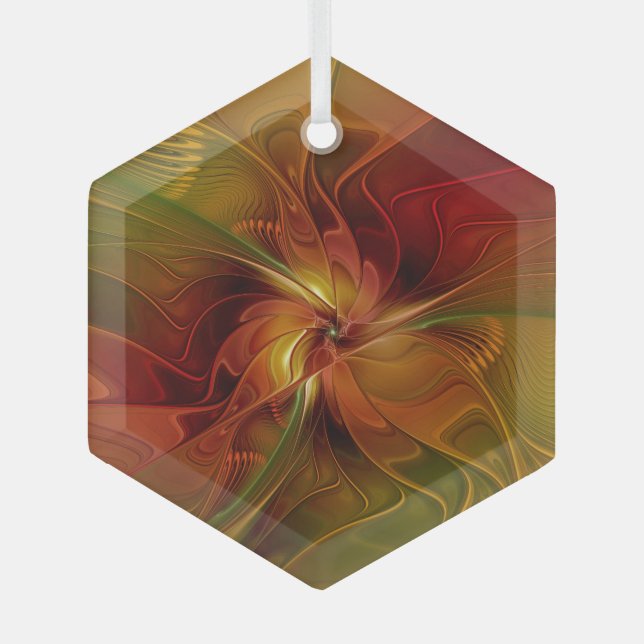 Abstrakte Rote Orange Braun Grünes Fraktal Kunst B Ornament Aus Glas (Vorderseite)