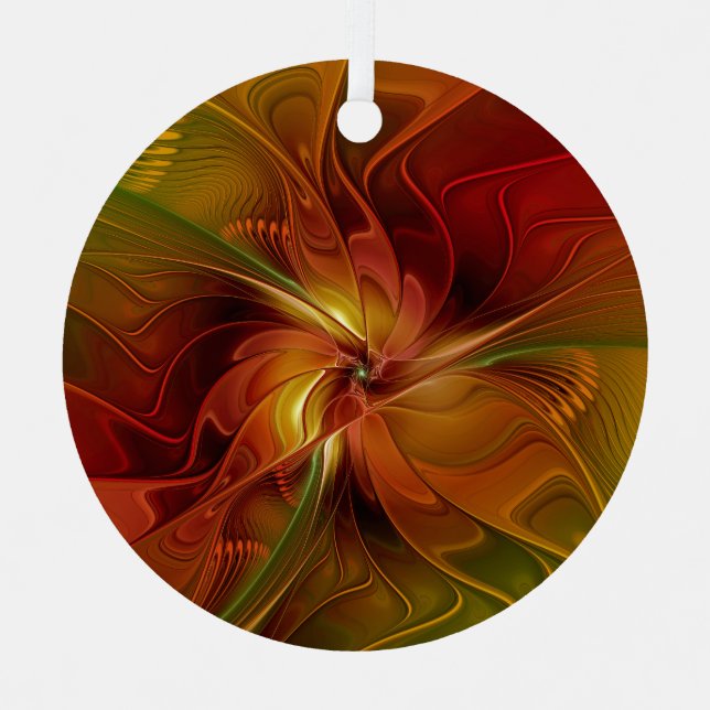 Abstrakte Rote Orange Braun Grünes Fraktal Kunst B Ornament Aus Metall (Vorderseite)