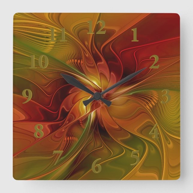 Abstrakte Rote Orange Braun Grünes Fraktal Kunst B Quadratische Wanduhr (Vorderseite)