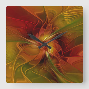Abstrakte rote orange braune grüne Fraktal-Kunst-B Quadratische Wanduhr