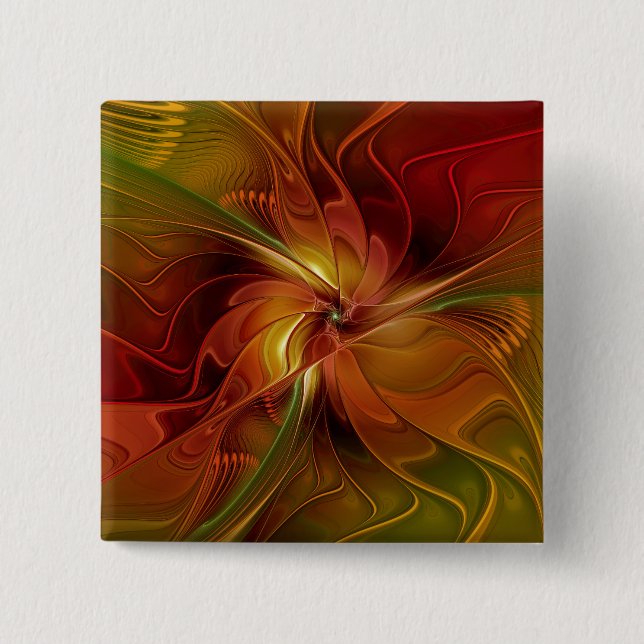 Abstrakte rote orangebraune grüne Fraktal-Kunst-Bl Button (Vorderseite)