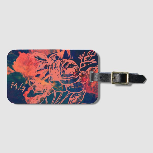 Abstrakte rote Rosen-Kunst-Monogramm Gepäckanhänger (Vorderseite (Horizontal))