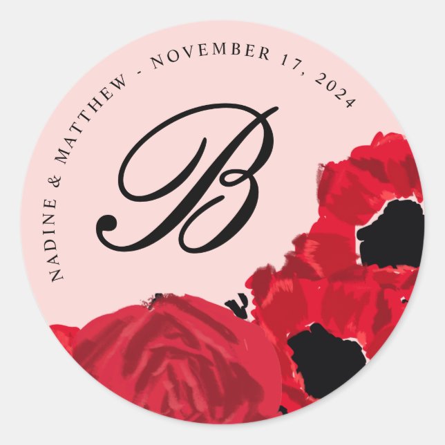 Abstrakte Rote Rosen und Poppies Hochzeit Runder Aufkleber (Vorderseite)