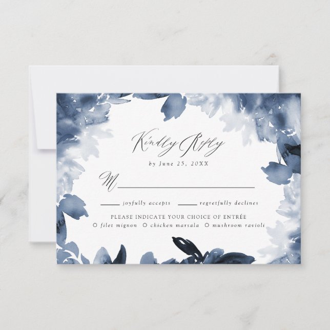 Abstrakte RSVP-Karte für Indigoflora mit Wahlmögli RSVP Karte (Vorderseite)
