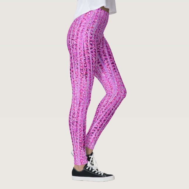 Abstrakte Satinstreifen und -punkte, Amethyst Lila Leggings (Rechts)