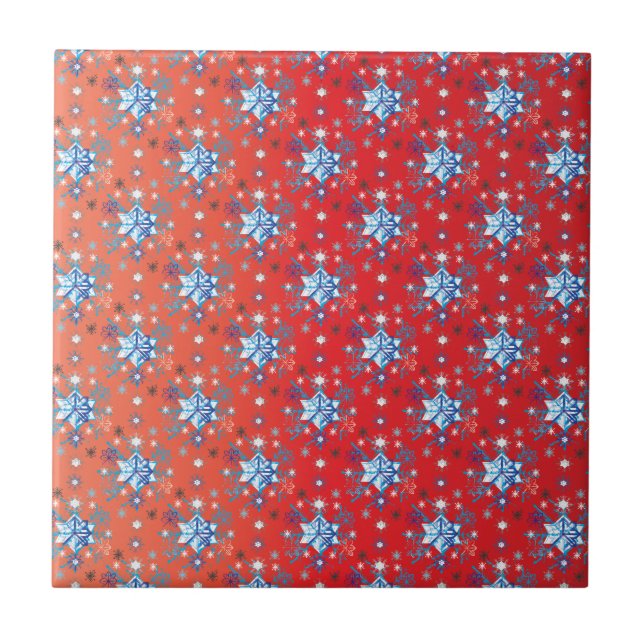 Abstrakte Schneeflocken in Rot und Blau Fliese (Vorderseite)