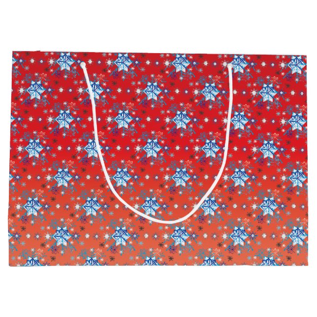 Abstrakte Schneeflocken in Rot und Blau Große Geschenktüte (Rückseite)