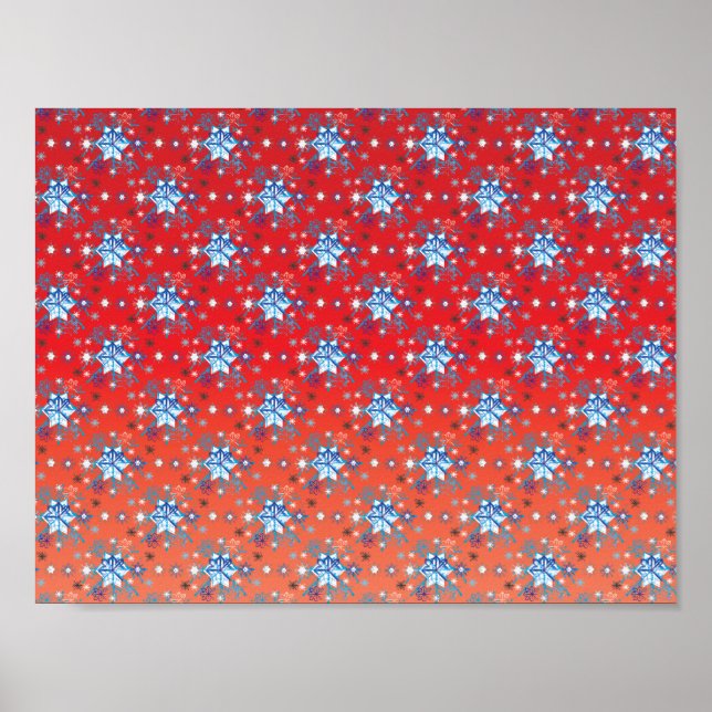 Abstrakte Schneeflocken in Rot und Blau Poster (Vorne)