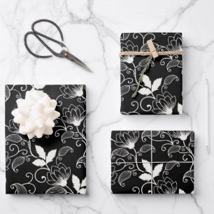 Abstrakte Schwarz-Weiß-Blüte Geschenkpapier Set