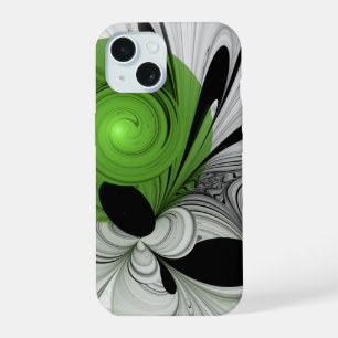 Abstrakte Schwarz-Weiß-Kunst mit grünem Fraktal iPhone 15 Hülle