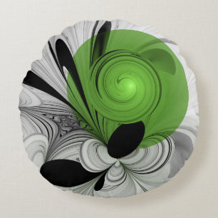 Abstrakte Schwarz-Weiß-Kunst mit grüner Fraktal-Ku Rundes Kissen