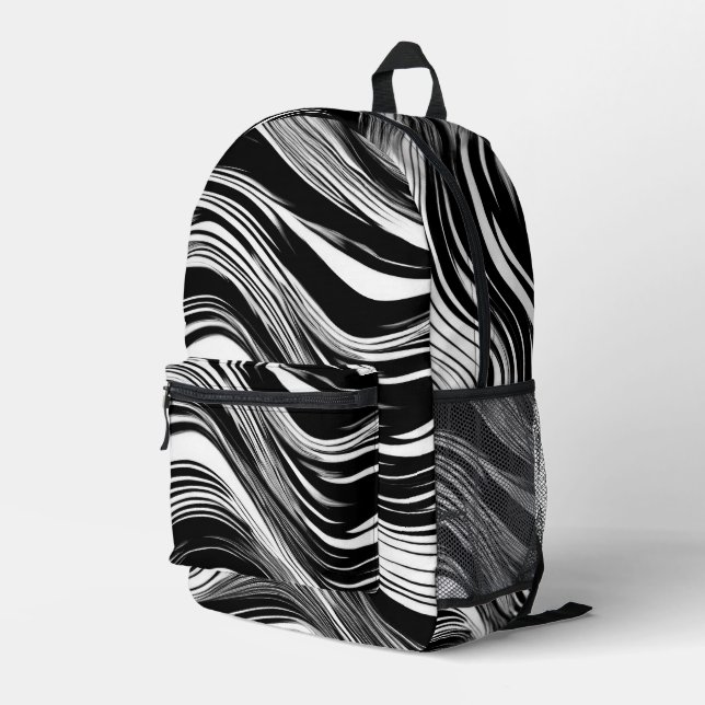 Abstrakte Schwarz-Weiß-Welle Bedruckter Rucksack (Rückseitige Ecke Rechts)