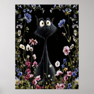 Abstrakte schwarze Katze bunte wilde Blumen Poster