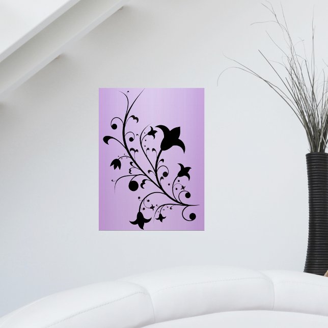 Abstrakte Scroll-Blume der Schwarzen Silhouette Li Poster (Black silhouette abstract flowers on dainty stem on pretty purple art wall poster.)