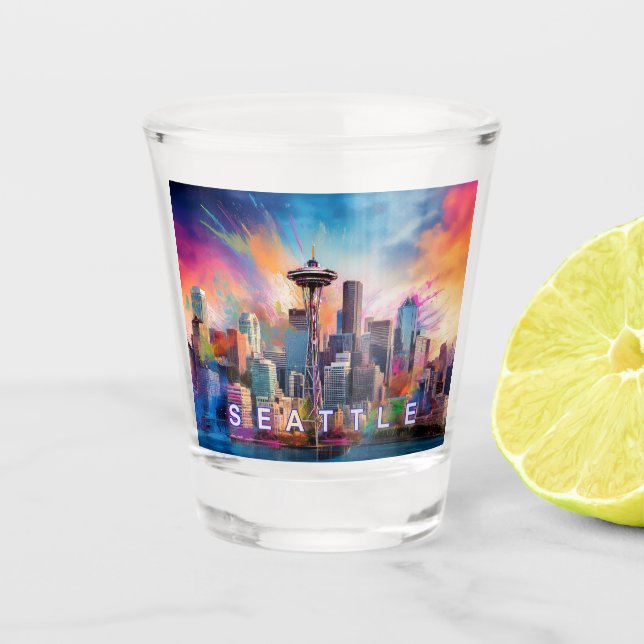 Abstrakte Seattle Skyline Kunst Schnapsglas (Vorderseite)