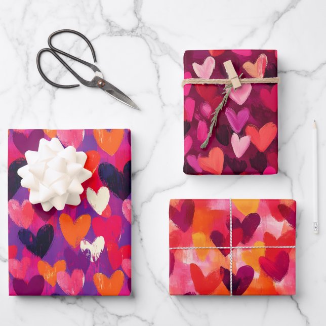 Abstrakte Skizze - farbenfrohe Herzen Geschenkpapier Set (Vorderseite)