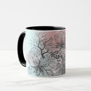Abstrakte skizzierte Blumen Blätter floraler Farbv Tasse