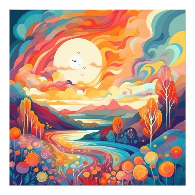 Abstrakte skurrile Landschaft mit Sonnenuntergang. Fotodruck (Vorne)