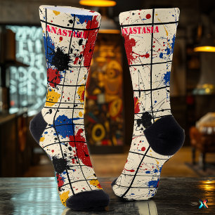 Abstrakte Socken mit Farbspritzern und geometrisch