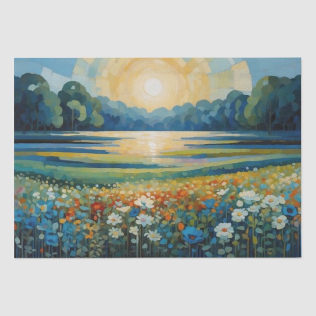 Abstrakte Sonnenaufgang-Wildblumen in blau, weiß,  Seidenpapier (Vorderseite)