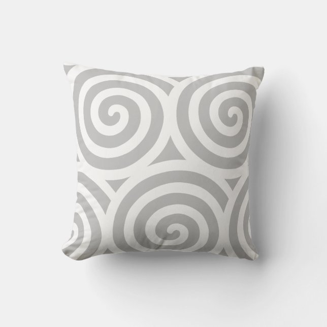 Abstrakte spiralgeometrische Form in Grau und Weiß Kissen (Vorderseite)