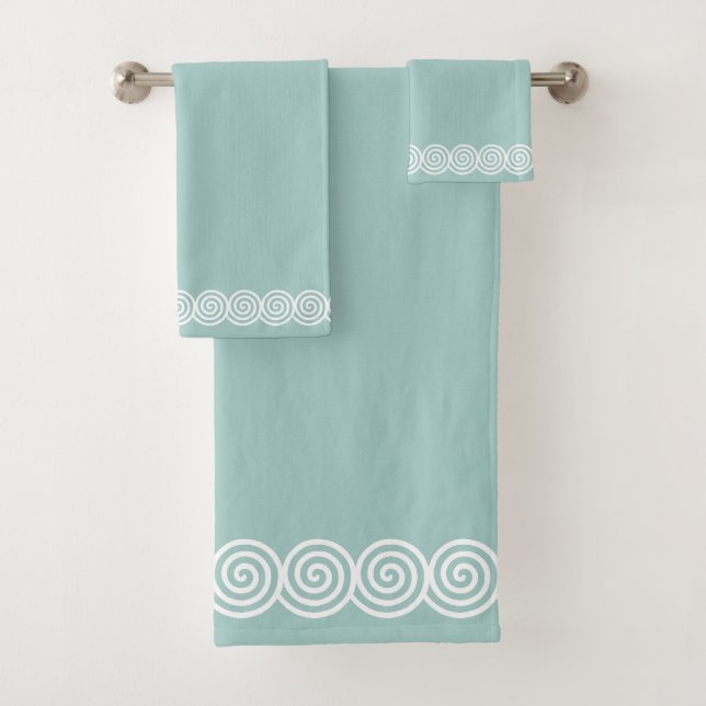 Abstrakte Spiralkreise auf Minze Aquamarin Badhandtuch Set (Insitu)