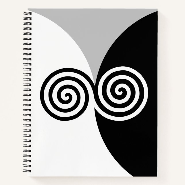 Abstrakte Spiralkreise auf Schwarz-Weiß Notizbuch (Vorderseite)