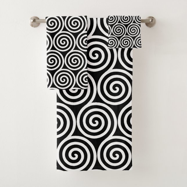 Abstrakte Spiralkreise in Schwarz und Weiß Badhandtuch Set (Insitu)