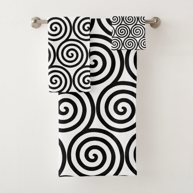 Abstrakte Spiralkreise in Schwarz-Weiß-Tower Badhandtuch Set (Insitu)