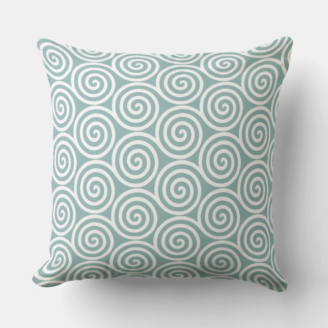 Abstrakte Spiralkreise in Silvery Blue und White Kissen (Vorderseite)
