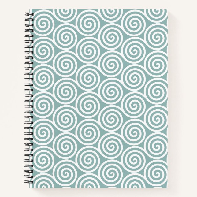 Abstrakte Spiralkreise in Silvery Blue und White Notizbuch (Vorderseite)