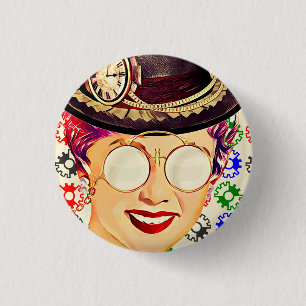 Abstrakte Steampunk-Lady und farbenfrohe Gears Button