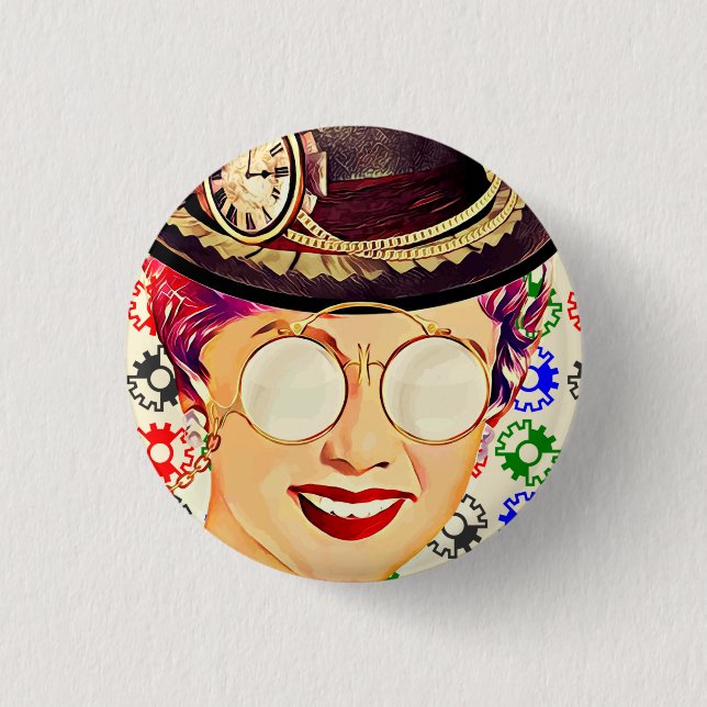 Abstrakte Steampunk-Lady und farbenfrohe Gears Button (Vorderseite)