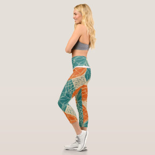 Abstrakte Teal-, Orange- und Beige-Blumen  Capri Leggings