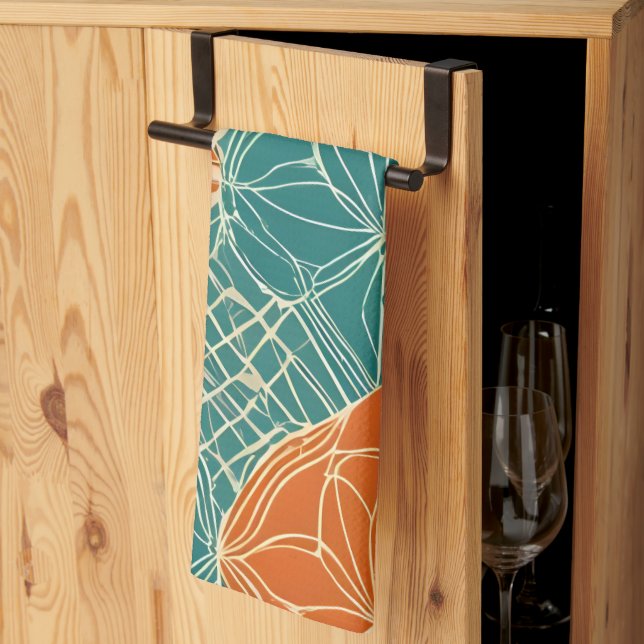 Abstrakte Teal-, Orange- und Beige-Blumen Geschirrtuch (Drittel gefaltet)