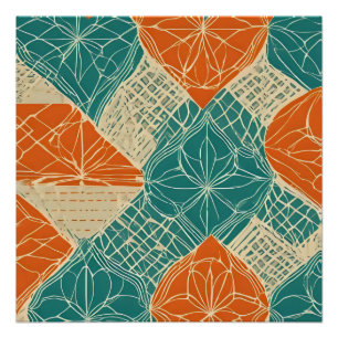 Abstrakte Teal-, Orange- und Beige-Blumen Poster