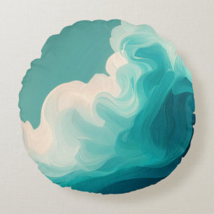 Abstrakte Teal- und Weiße Fließende Wellen Rundes Kissen