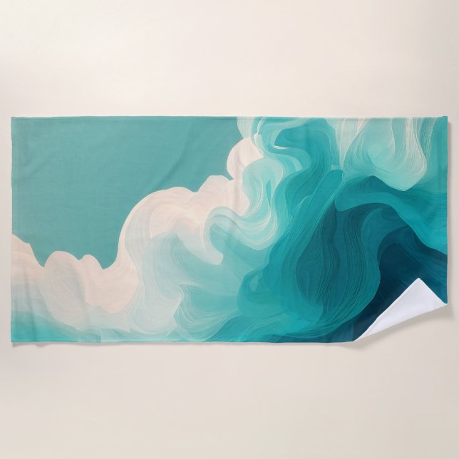 Abstrakte Teal- und Weiße Fließende Wellen Strandtuch (Vorderseite)