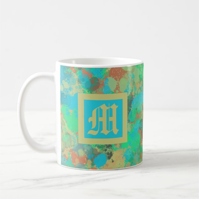 Abstrakte Tropfen in Monogramm, grün, gelb und bla Kaffeetasse (Links)