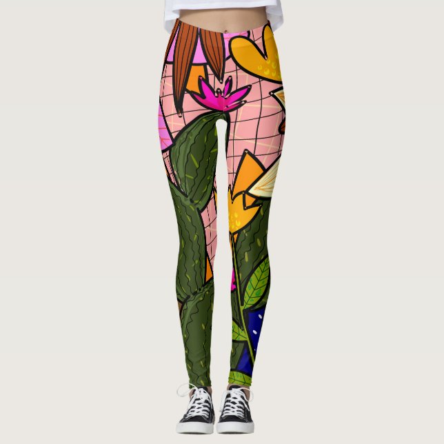 Abstrakte tropische Blätter und Blume Leggings (Vorderseite)