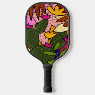 Abstrakte tropische Blätter und Blume Pickleball Schläger