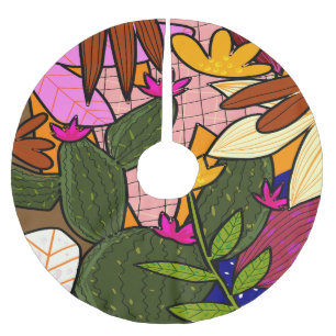 Abstrakte tropische Blätter und Blumen Polyester Weihnachtsbaumdecke