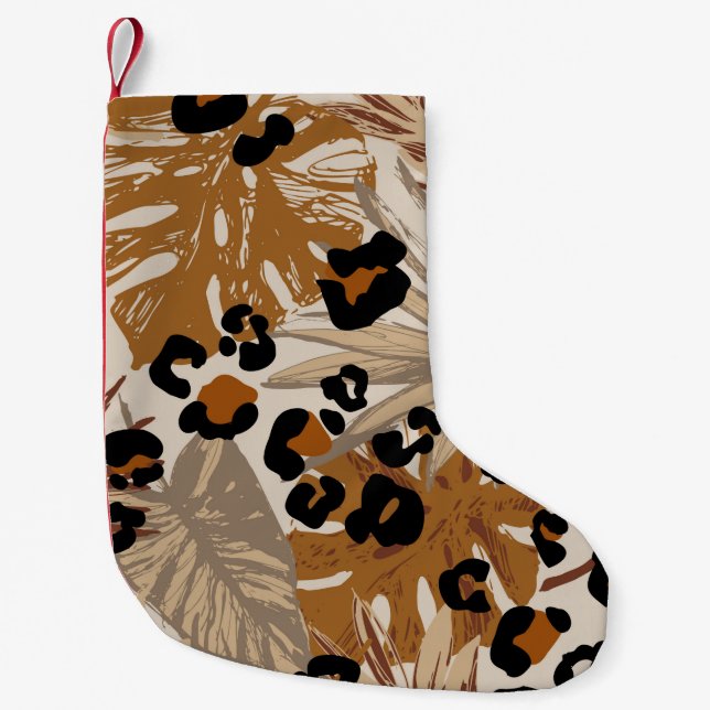 Abstrakte tropische Blätter und Grunge-Leoparden Kleiner Weihnachtsstrumpf (Vorderseite)